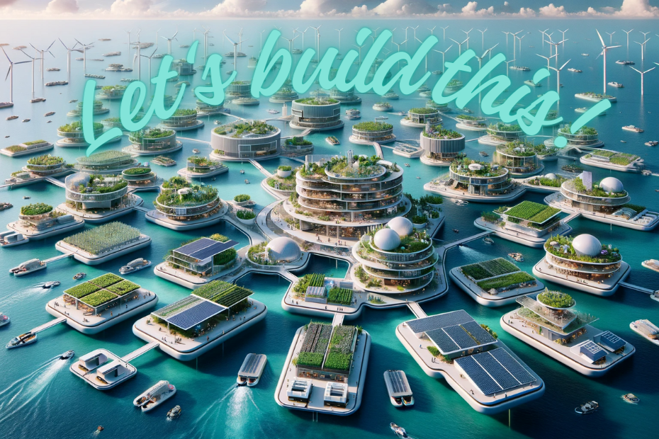 A multitude of different floating structures on the ocean connect together to form a city. There are solar panels and green spaces on the structures. In the center there's a circular a city hall. Wind turbines sit behind the city.