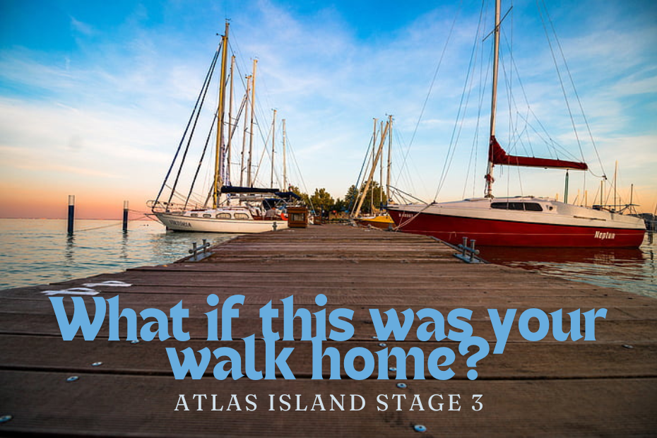 The dock is eye-level showing boats docked, text says "What if this was your walk home?"